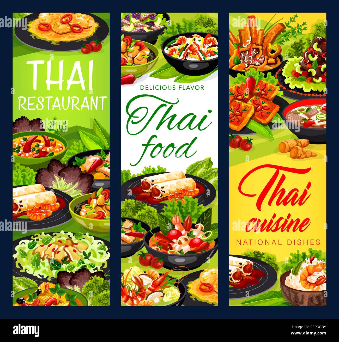 Tailandés vector Tailandia comidas rollitos de primavera, ensalada  tailandesa con carne de vacuno y condimento, sopa de pescado de leche de  coco, tom yam kung, arroz de camarón frito. carne de cerdo