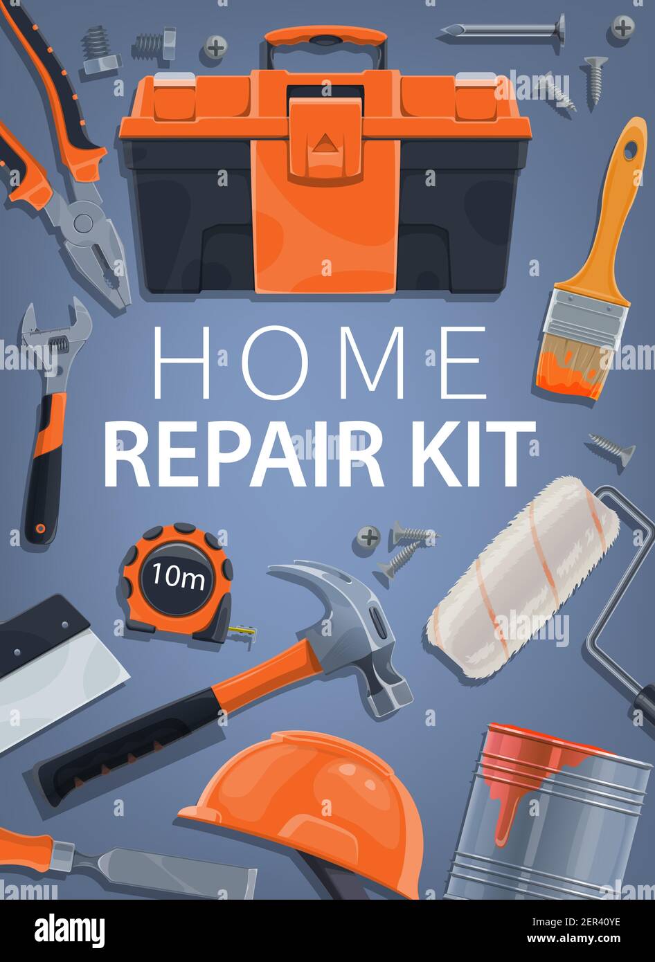 Reparación, kit de herramientas para construcción de viviendas, caja herramientas y equipo de construcción, vector. Reparación la casa y herramientas de para la renovación, remodelación o pintura, woodwo Imagen