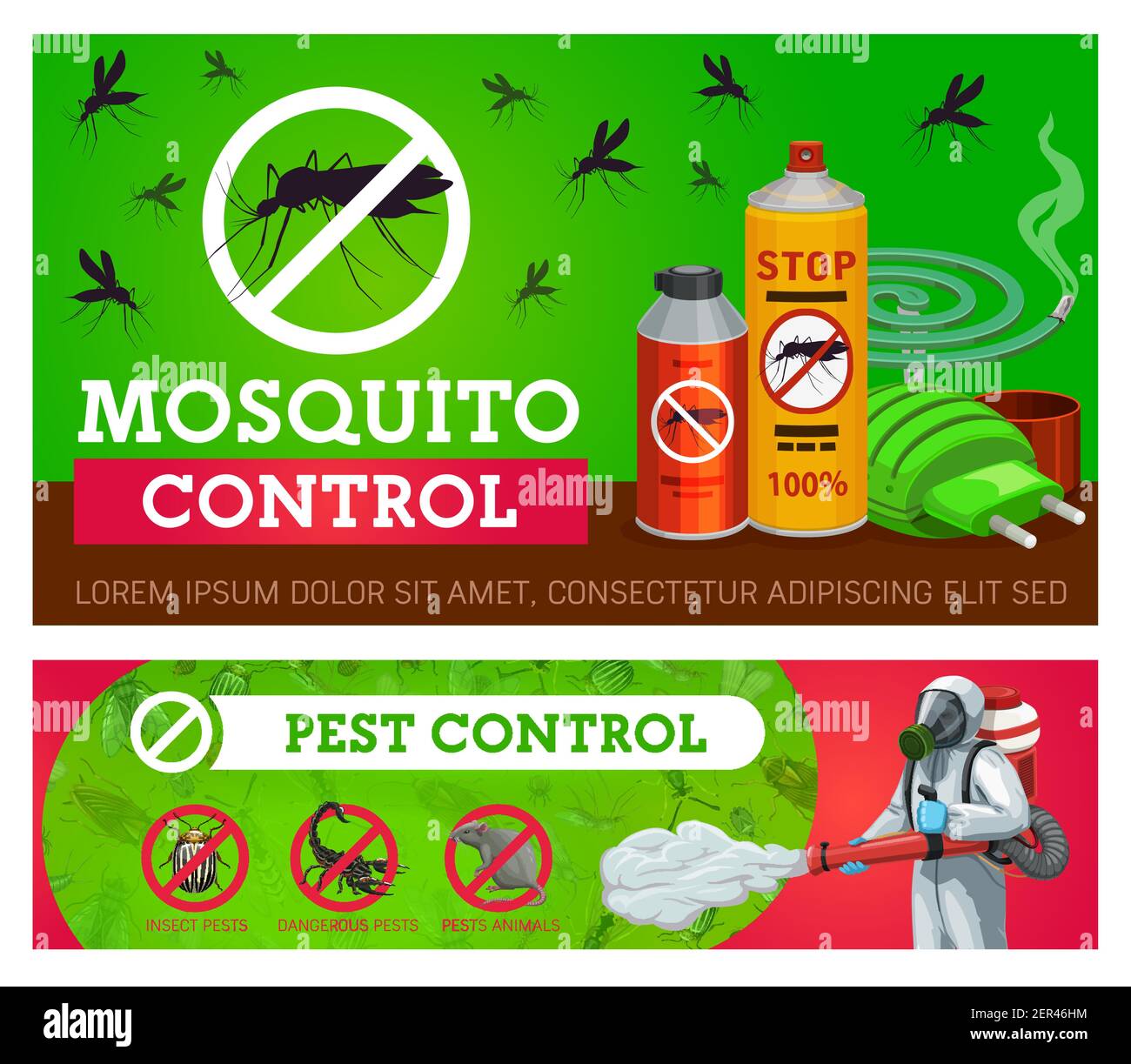 Control de plagas, pancartas de vectores de disinsection de mosquitos con repelentes y exterminador con fogger frío. Desinsectación de insectos caseros. Fumigación de t Imagen Vector de stock - Alamy