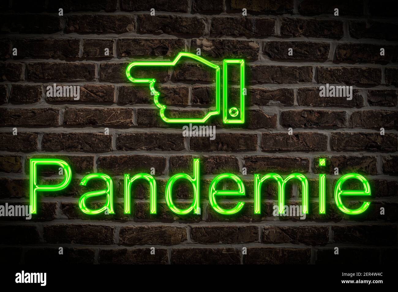 Foto detallada de un cartel de neón en una pared con La inscripción Pandemie (pandemia) Foto de stock