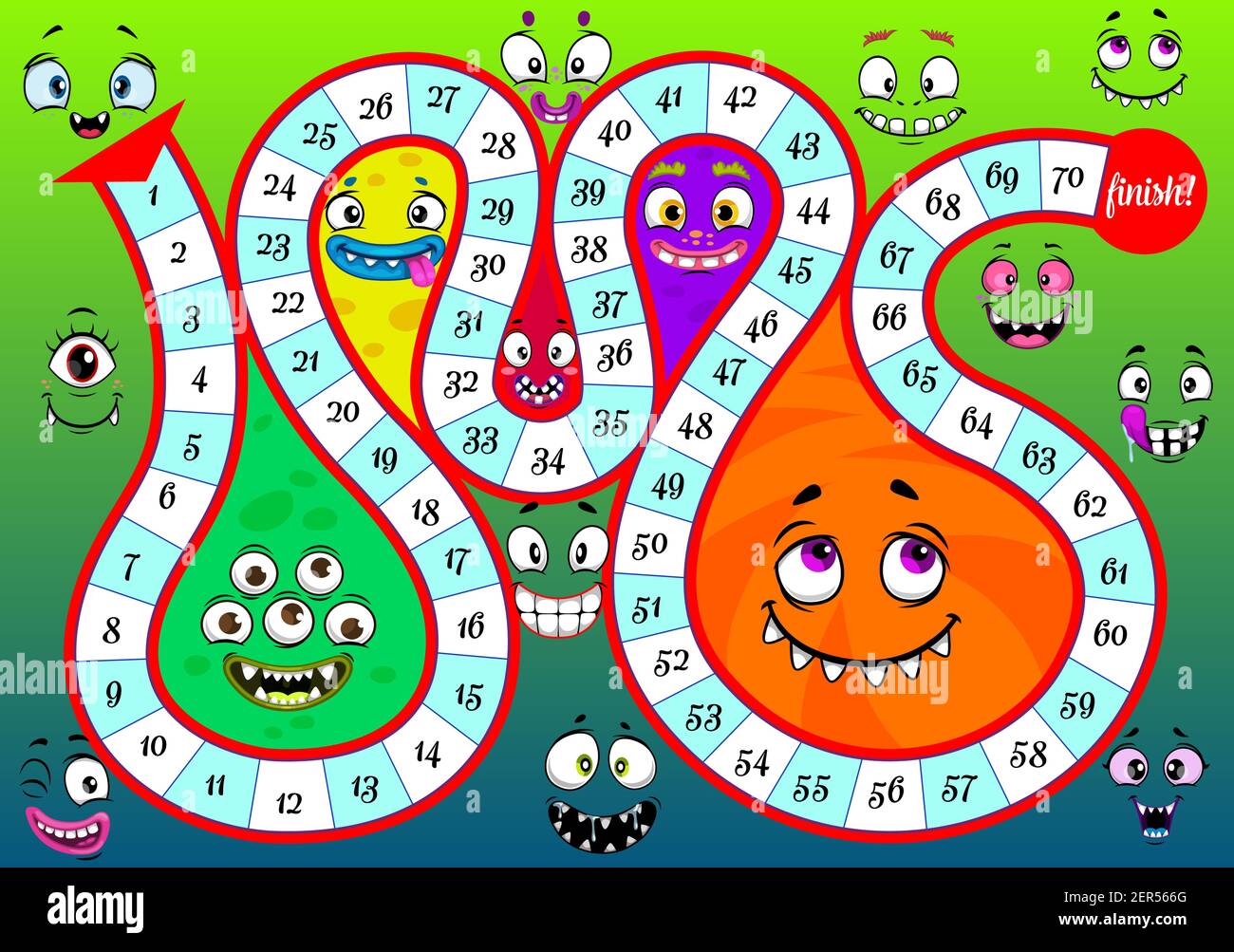 Comienza A Terminar El Juego De Mesa Vector Plantilla Con Caras De Monstruo De Dibujos Animados Lindo Los Ninos Dados Juego De Mesa Laberinto De Estrategias O Rompecabezas Con Ruta De La