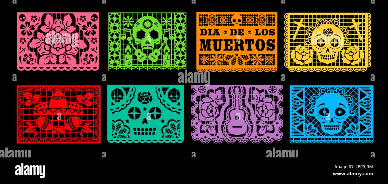 Dia de los muertos papel picado vector conjunto de día de los muertos o día  de fiesta de Halloween. Banderas de corte de papel que empapelan la  guirnalda con el patrón del