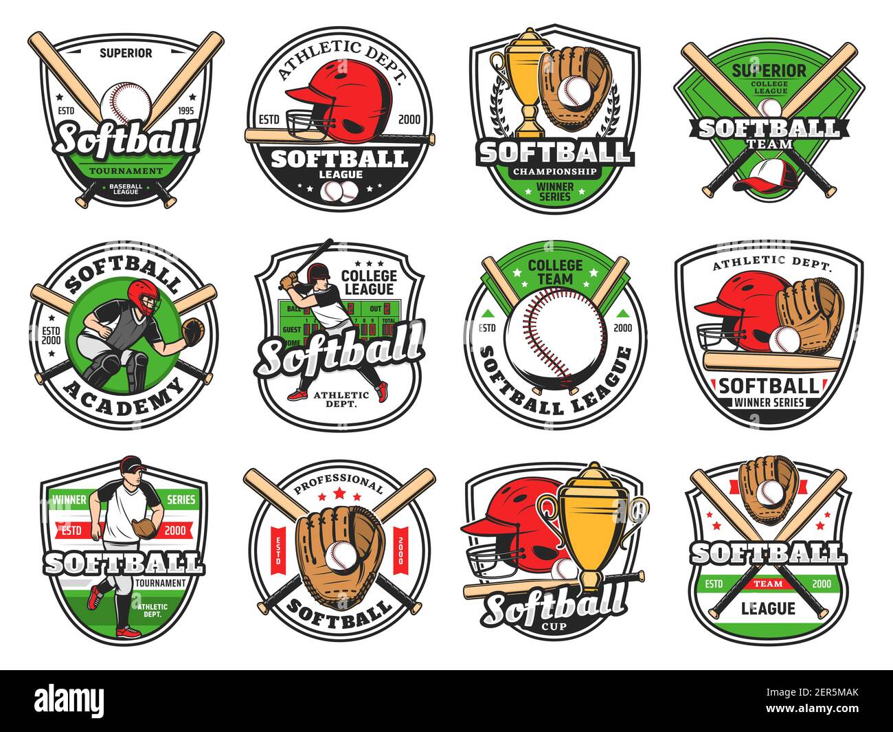 Emblema del club de béisbol o sóftbol con bate y pelota, vector, equipo  campeón y parche de liga deportiva. Copa de béisbol o campeonato de  softbol, universidad y v Imagen Vector de