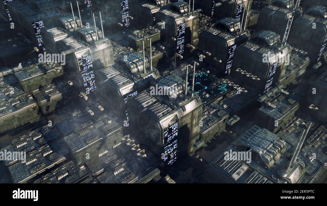 3D rendering. Ciudad futurista y naves espaciales Foto de stock