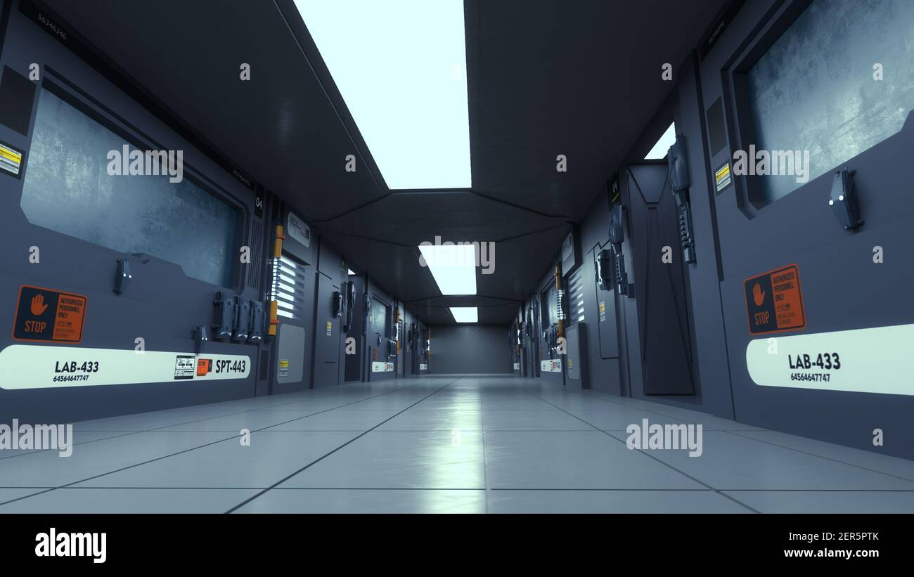 renderizar en 3d. Pasillo futurista. Concepto de arquitectura moderna y nave espacial interior Foto de stock