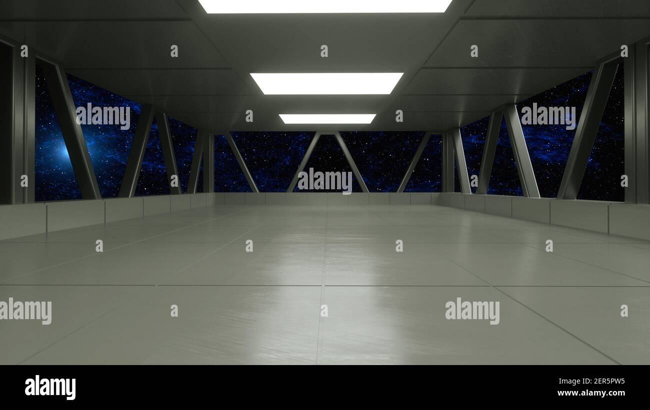 renderizar en 3d. Pasillo futurista. Concepto de arquitectura moderna y nave espacial interior Foto de stock