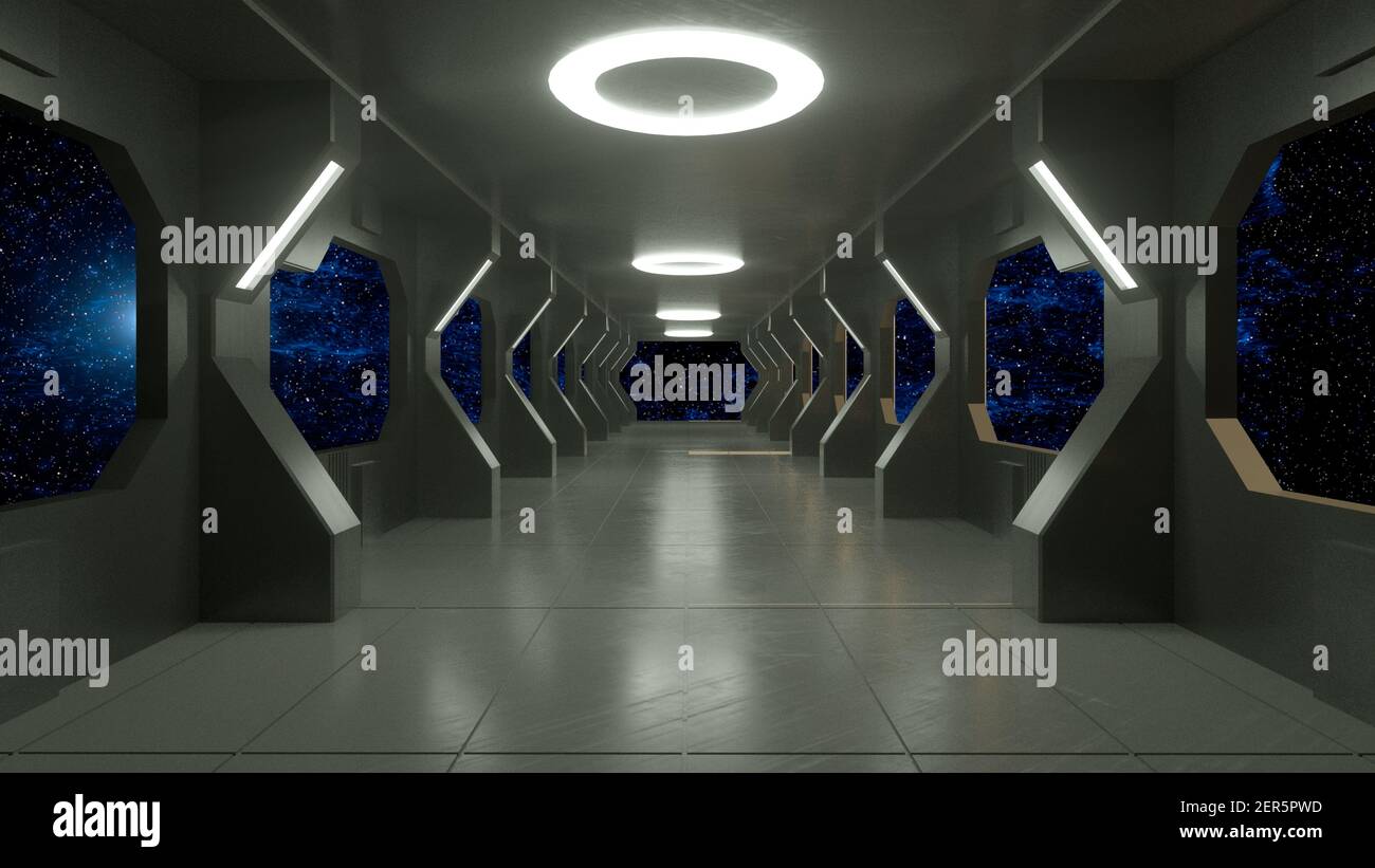 renderizar en 3d. Pasillo futurista. Concepto de arquitectura moderna y nave espacial interior Foto de stock