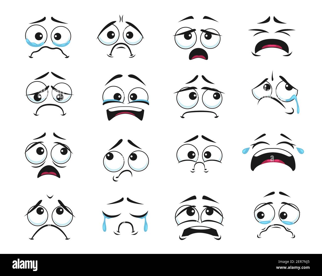 Caras de dibujos animados con llanto y expresión llorando iconos  vectoriales aislados, emoji negativo asustado, triste y molesto .  Sentimientos faciales con lágrimas y ojos mojados Imagen Vector de stock -  Alamy
