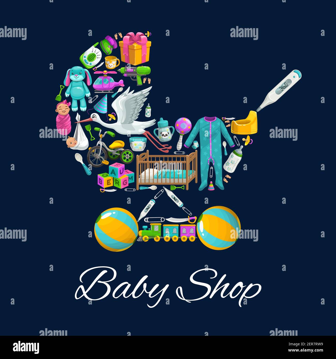 Tienda de juguetes para bebés, ropa niños recién nacidos productos de cuidado, póster vectorial con cochecito de bebé. Recién nacido niño y niña bebés juguetes tienda regalos, pañales, pelotas a