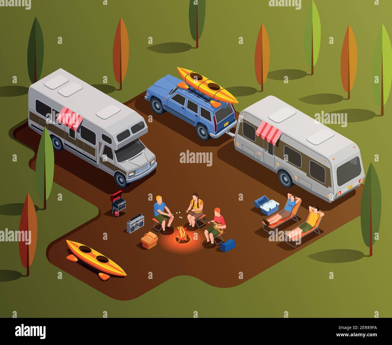Camping senderismo iconos isométricos composición con caravana trailers pala barcos y personajes humanos con ilustración vectorial de fogatas Ilustración del Vector