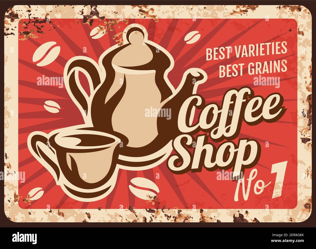 Cafetería con placa de metal oxidado. Hervidor de cerámica clásico y taza de  porcelana con bebida caliente, vector de granos de café. Café o restaurante  bebidas retro banner, o Imagen Vector de