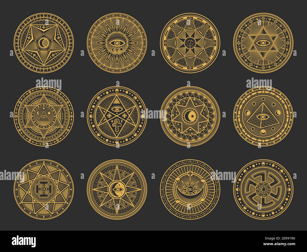 Símbolos mágicos con alquimia vectorial y ciencia oculta, religión esotérica y signos místicos de la astrología. Círculos de oro con Sol, Luna y ojo espiritual, tri Ilustración del Vector