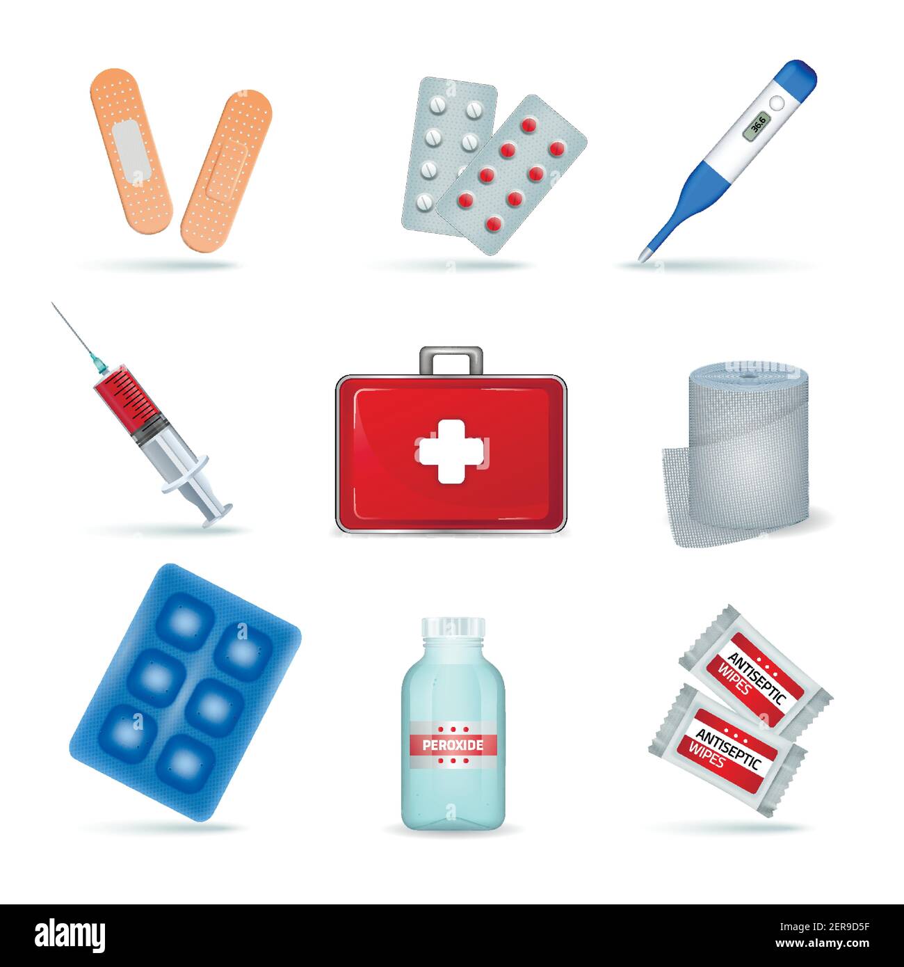 Botiquín de primeros auxilios suministro de productos médicos de emergencia  conjunto realista con vendaje elástico toallitas antisépticas illustración  vectorial aislada Imagen Vector de stock - Alamy