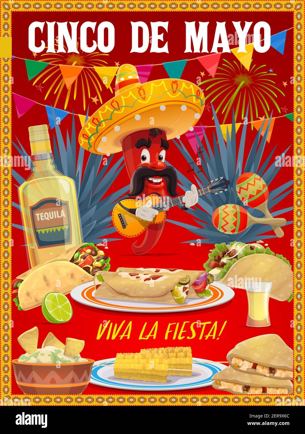 Cinco de Mayo vector Mariachi Chile en sombrero tocando la guitarra.  Dibujos animados carácter mexicano jalapeno rojo con bigotes, tequila y  tradicional Imagen Vector de stock - Alamy