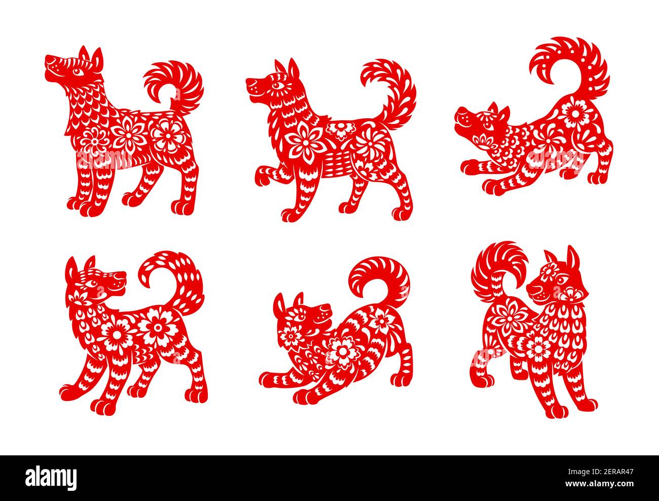 Zodiaco chino perro vector iconos conjunto. Canino Lunar año nuevo de China  simbólico, rojo ornamentado, horóscopo astrológico signos aislados en blanco  backg Imagen Vector de stock - Alamy