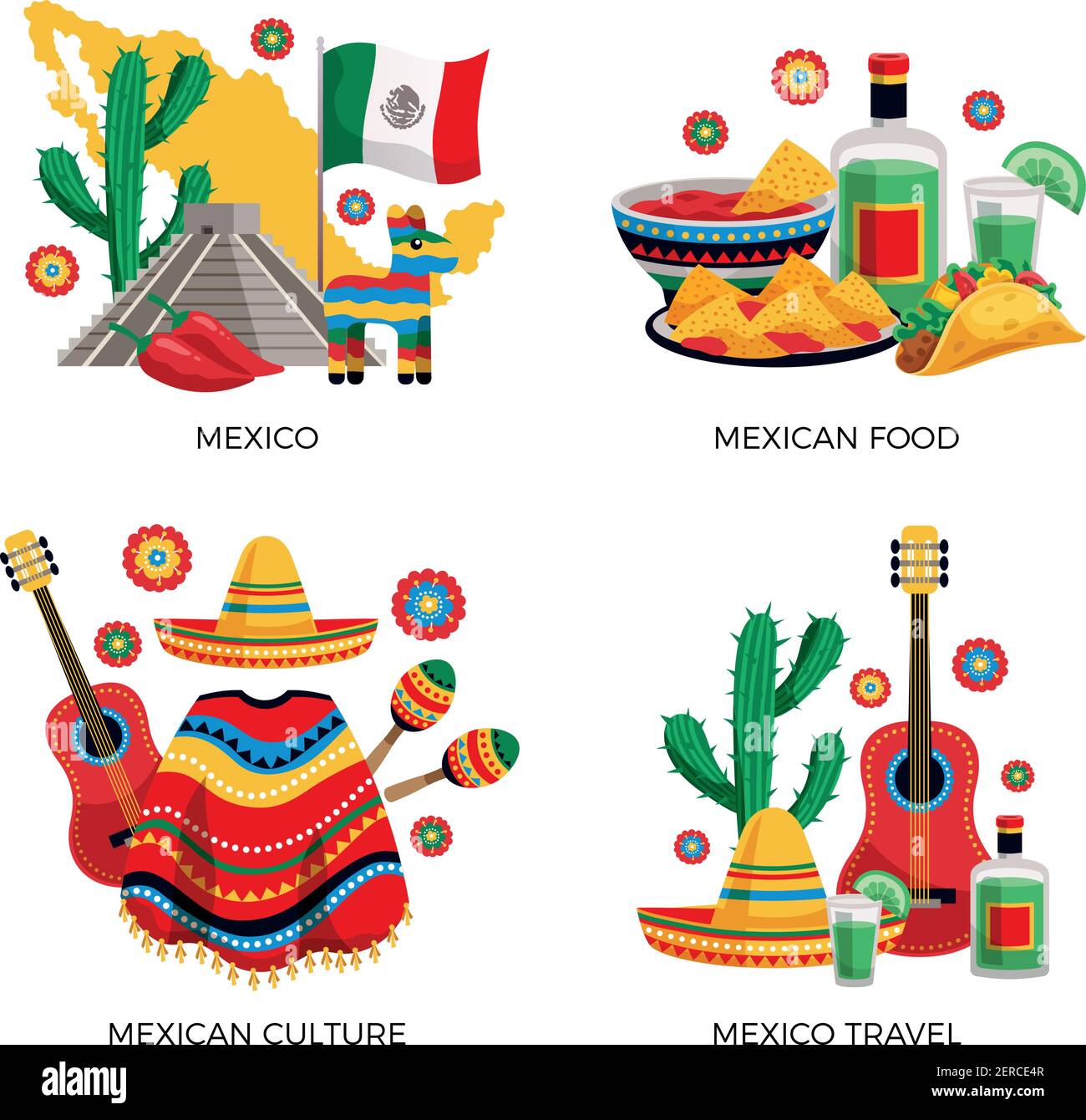 Cultura mexicana tradiciones comida 4 iconos de colores concepto con cactus  guitarra poncho tequila tacos ilustración vectorial aislada Imagen Vector  de stock - Alamy