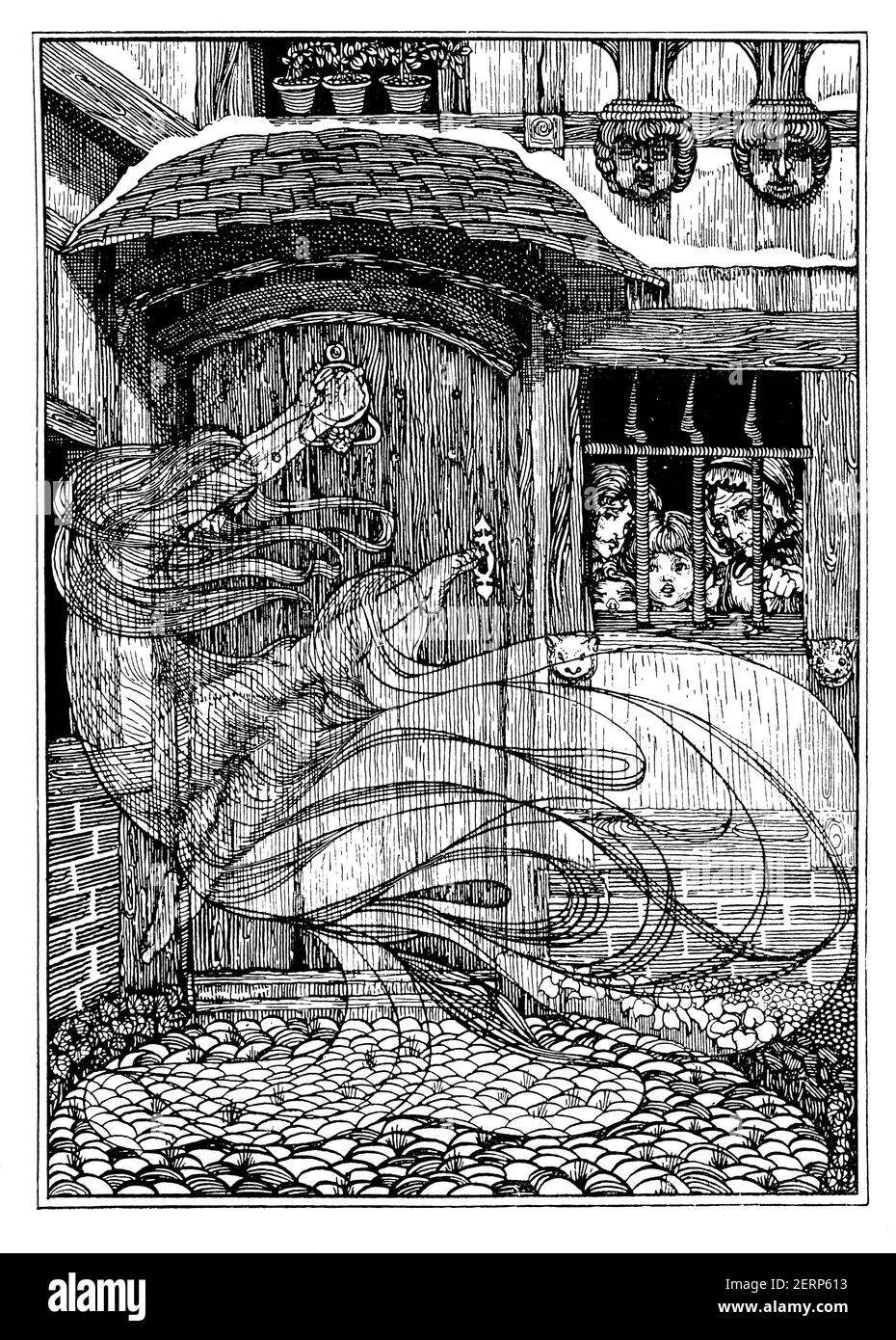 Aparición fantasmal en la puerta principal, diseño Art nouveau de la ilustradora y bordadora británica Christine Drummond Angus (más tarde Angus-Sickert), desde 1900 Foto de stock