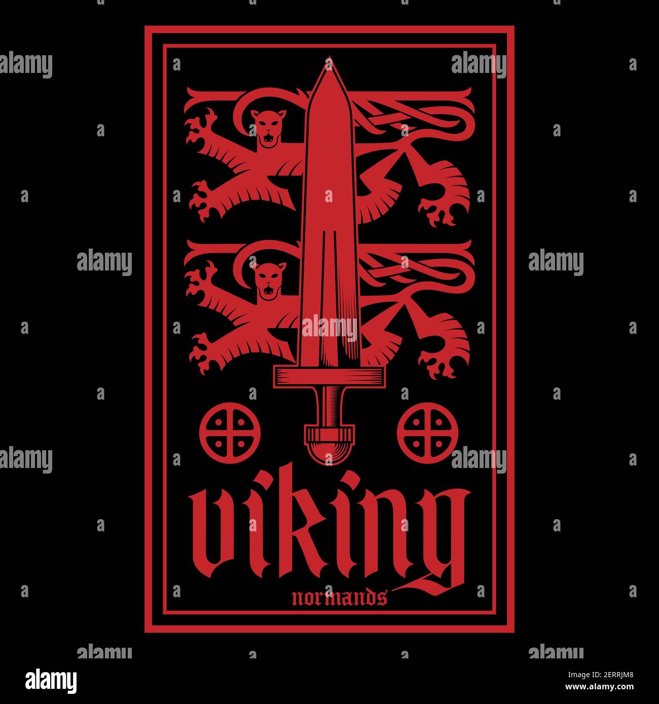 Diseño Viking. Leones heráldicos con espada viking, señales solares y letras Viking en fuente gótica Ilustración del Vector