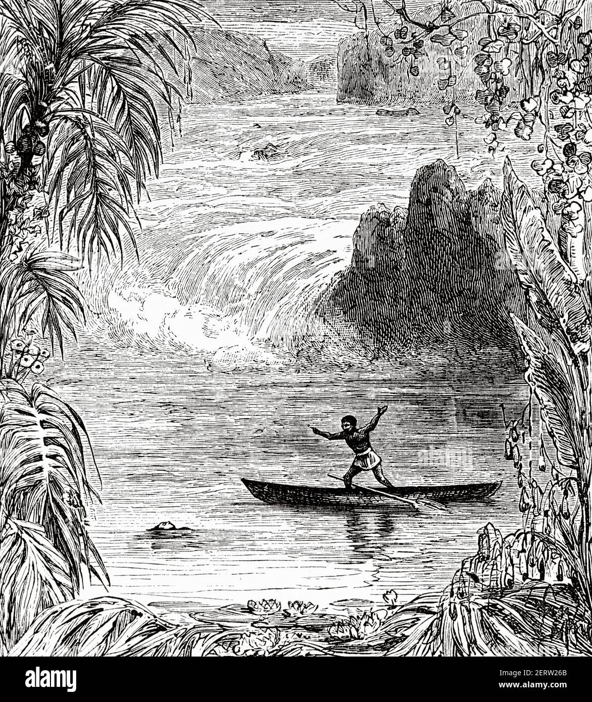 Francis John Pocock. Ahogado el 3 de junio de 1877, pereció en las cataratas del Congo durante la primera expedición de Stanley en el Congo, África Central. Viaje a África inexplorada, el misterioso continente por Henry Morton Stanley. Antiguo siglo XIX grabado ilustración, el Mundo ilustrado 1881 Foto de stock