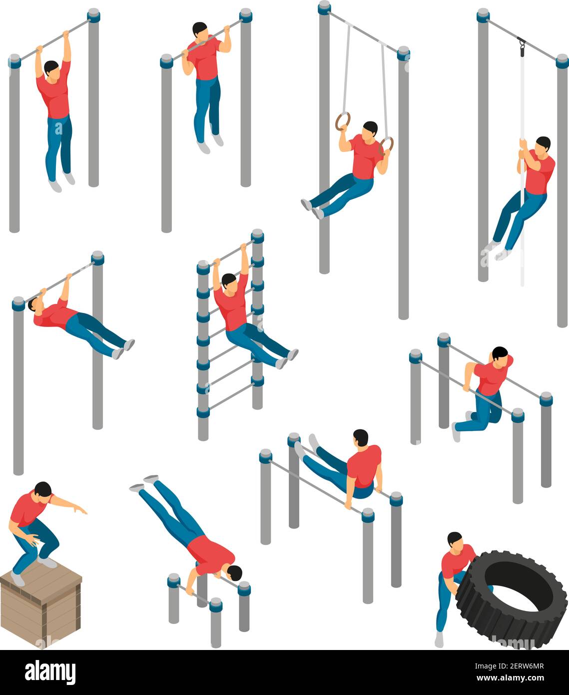 Equipo de gimnasia isométrica set de entrenamiento con imágenes de aparato  gimnástico y el personaje humano masculino haciendo deportes vector  ilustración Imagen Vector de stock - Alamy