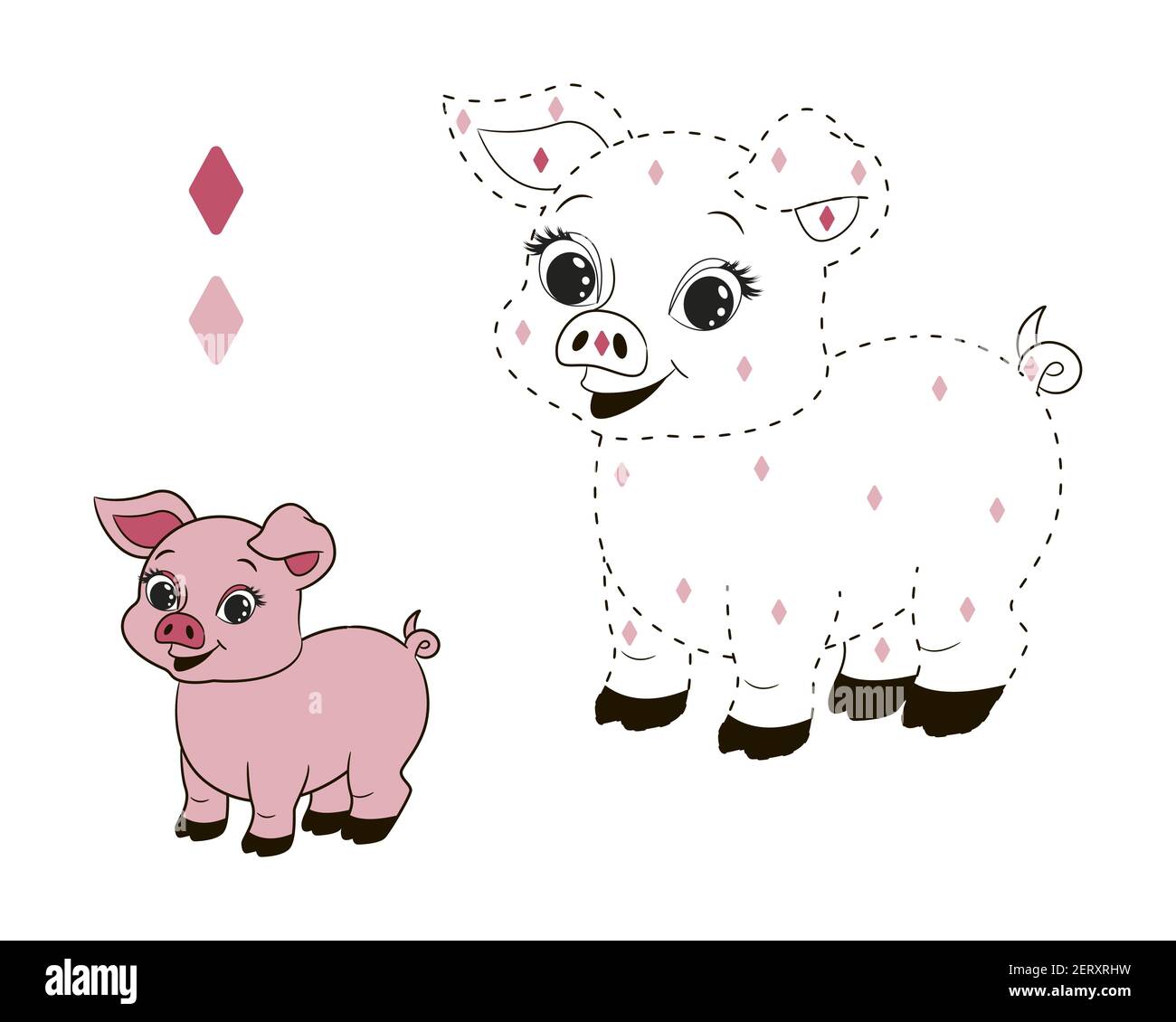 colorear libro por números, para niños, poco cerdo rosa, ilustración vectorial en estilo de dibujos animados, línea de arte aislado Ilustración del Vector