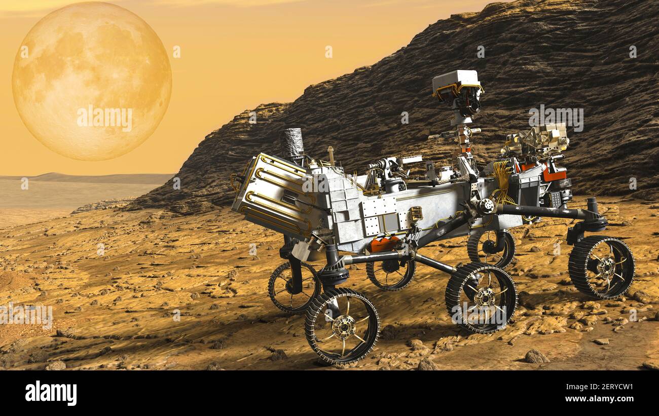 Mars rover explora la perseverancia. Elementos de ilustración 3d de esta imagen proporcionados por la NASA Foto de stock