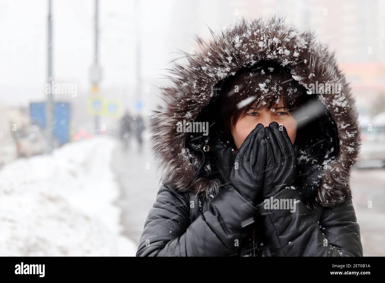 Clima frío y ventisca en la ciudad, mujer en la capucha de piel de pie en la calle de invierno durante la Nevada Foto de stock
