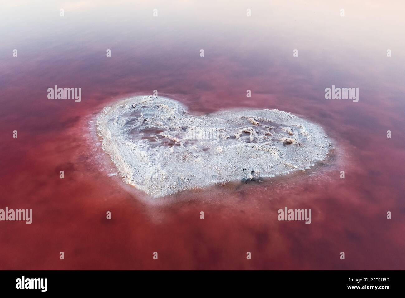 Corazón de la sal en el lago de sal de agua rosa en Ucrania, Europa. Concepto creativo Foto de stock