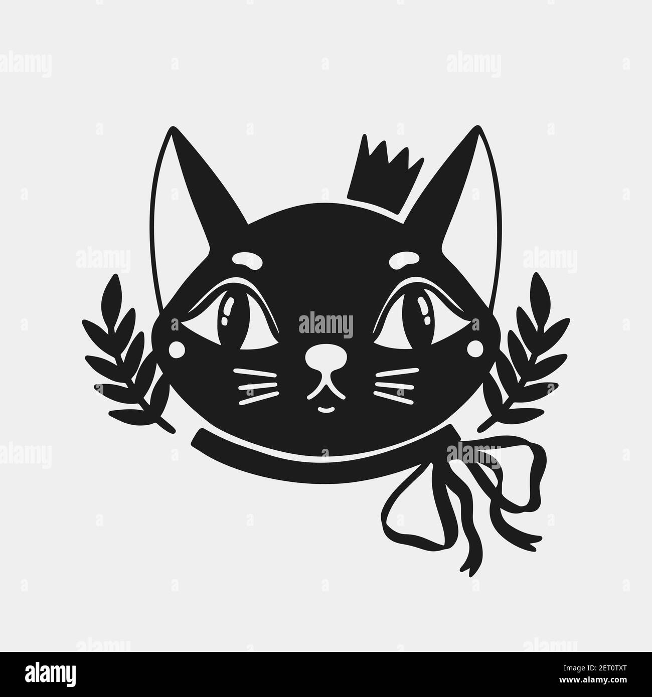 Gato cara animal en una corona y con un arco en el cuello .Silhouette  logotipo negro aislado en fondo blanco.Whisker lindo gatito signo Imagen  Vector de stock - Alamy