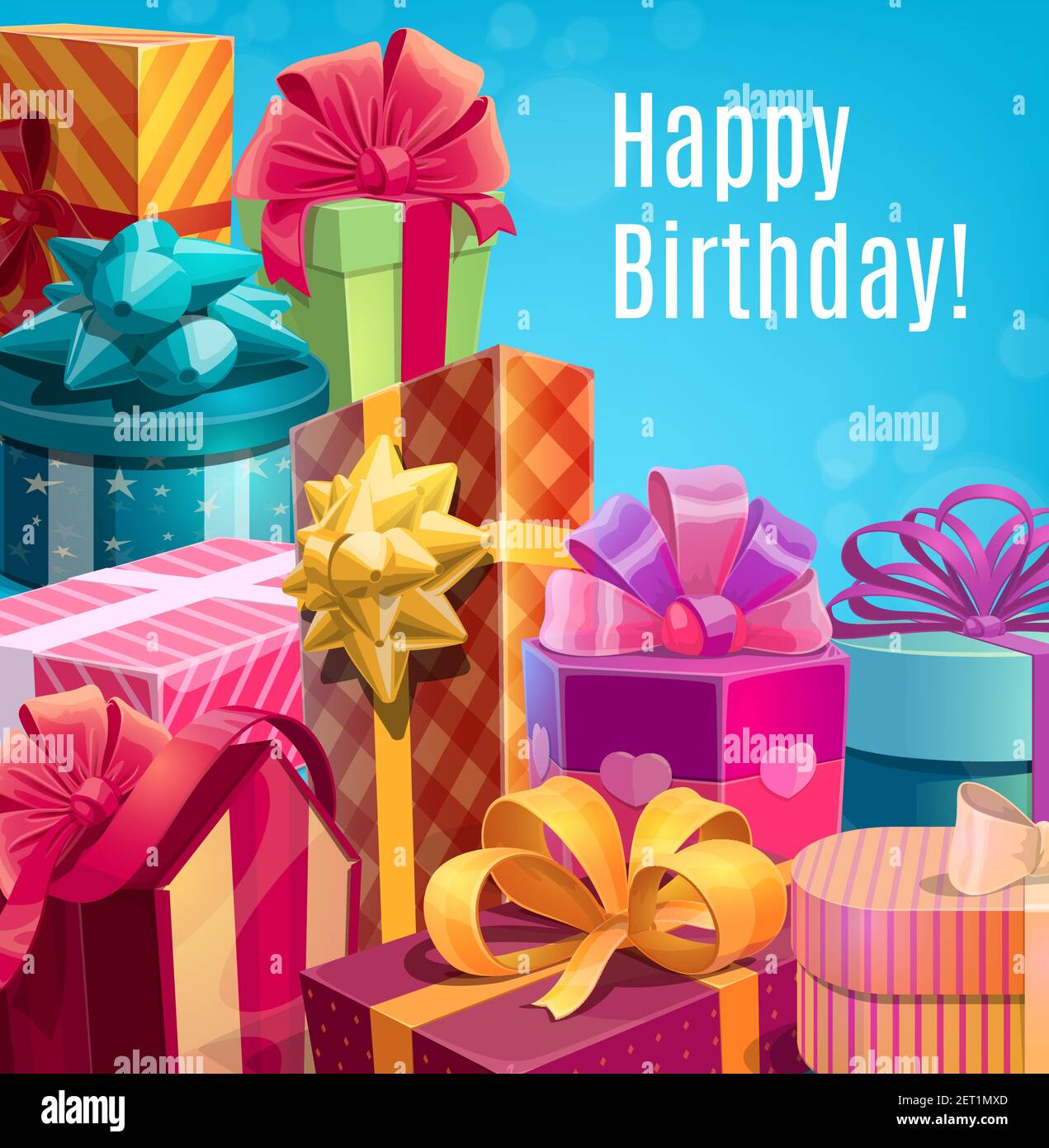 Feliz cumpleaños regalos y regalos de vacaciones. Cajas de regalo de  diferentes formas decoradas con papel para envolver ornamentado y lazo de  seda sobre fondo azul con boke Imagen Vector de stock -