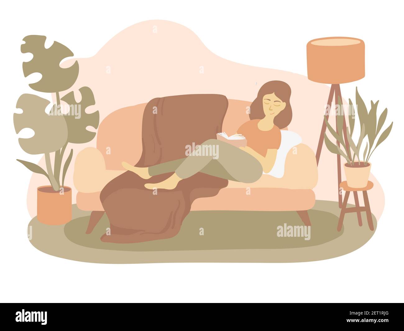 La chica tumbada en el sofá y leyendo un libro en su apartamento con houseplants.Cute dama relajarse en casa. Amantes del libro, lectores, aficionados a la literatura. Ilustración del Vector