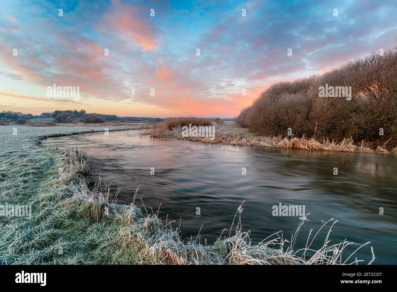 Un amanecer de invierno helado sobre el río Frome en Holmebridge Entre lana y Wareham en el campo de Dorset Foto de stock