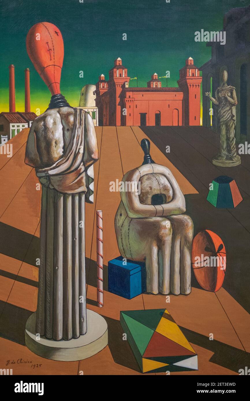 Pintura famosa de Giorgio de Chirico, las musas inquietantes, óleo sobre lienzo. Diferentes réplicas del mismo tema fue hecha por el artista desde 1917 Foto de stock