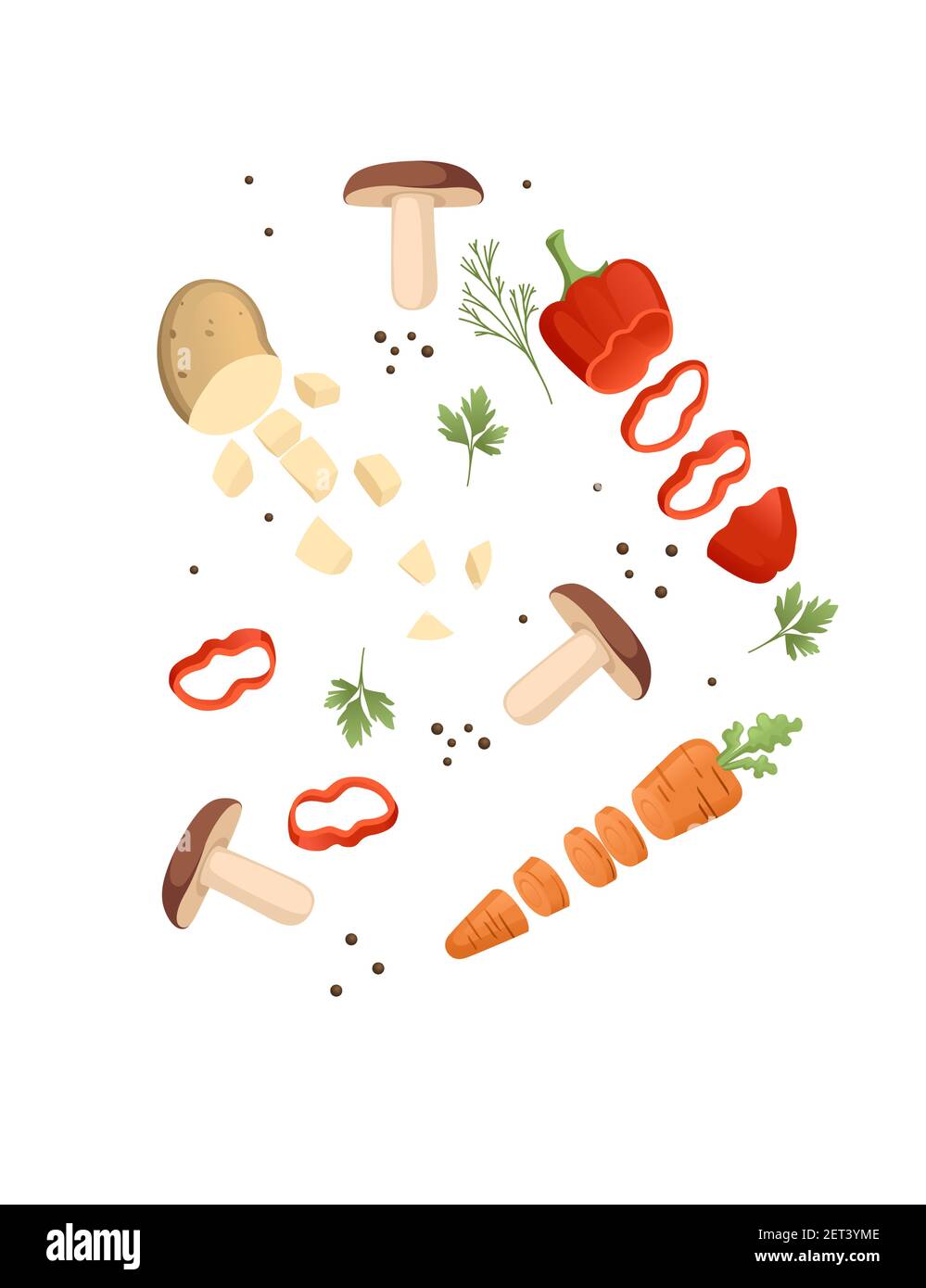 Alimentos en rodajas verduras picadas y fruta en rodajas. picar vegetales,  frutas y bayas rebanada conjunto de ilustración de dibujos animados
