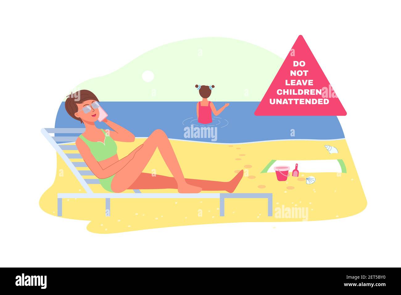 Vacaciones de verano en la playa. Ejemplo de padre irresponsable. Madre que  no cuidó a su hijo alrededor del agua. Ilustración de vector plano Imagen  Vector de stock - Alamy