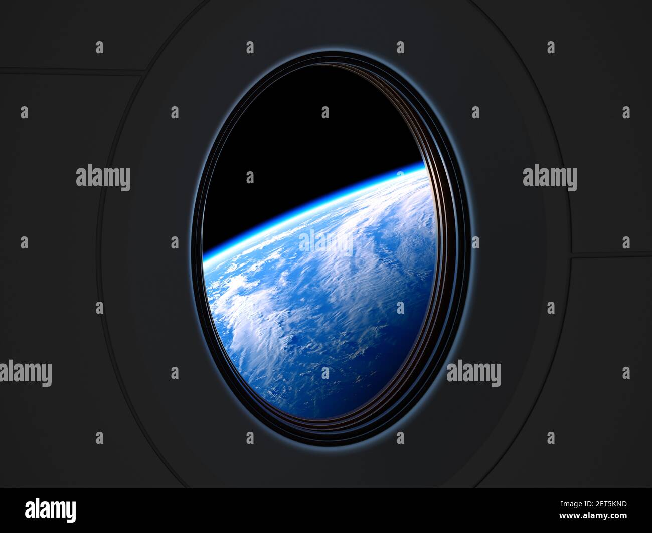 Vista increíble del planeta Tierra desde la puerta de una nave espacial privada. Ilustración 3D. Foto de stock