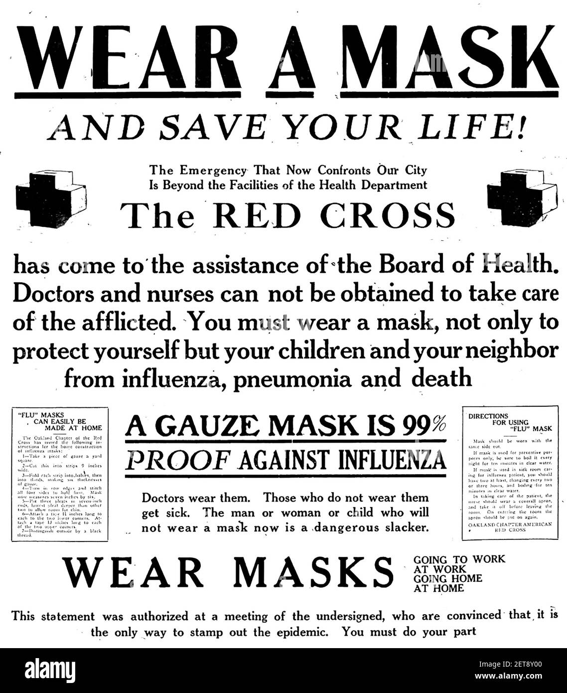PANDEMIA DE GRIPE ESPAÑOLA 1918. Un cartel de la Cruz Roja Americana que insta a usar máscaras Foto de stock