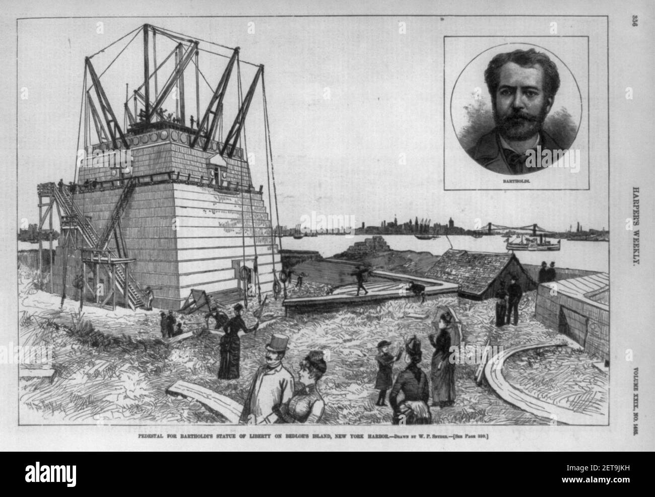 Pedestal de la Estatua de la Libertad de Bartholdi en la Isla de Bedloe, Puerto de Nueva York (e inserción de retrato de cabeza y hombro de Bartholdi) Foto de stock