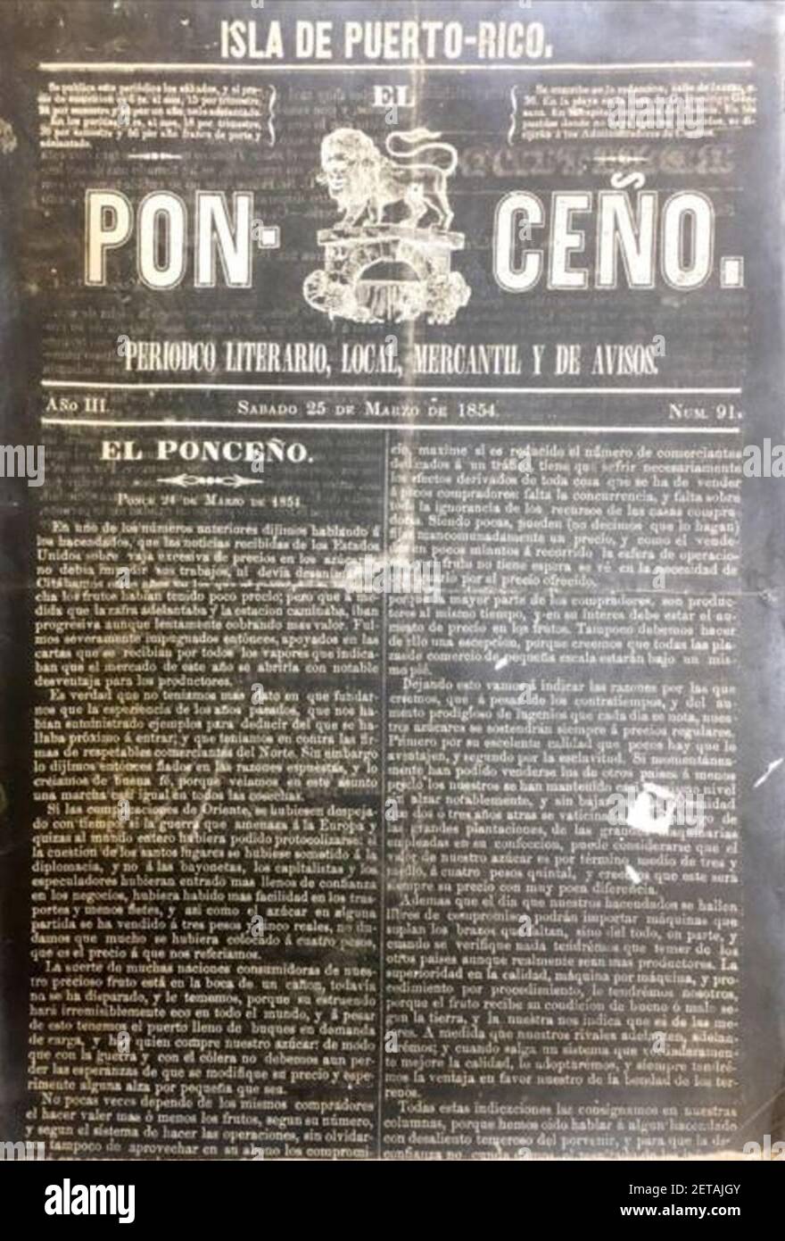 Periódico el Ponceño, Ponce, Puerto Rico, edicto de 25 de Marzo de 1854  (DP30v2 Fotografía de stock - Alamy