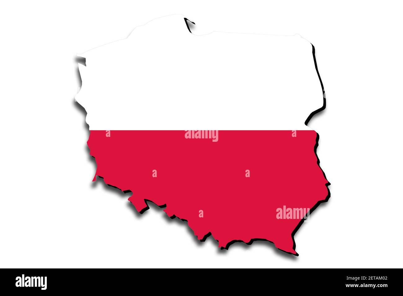 Mapa de Polonia con la bandera nacional superpuesta sobre el país. 3D gráficos que proyectan una sombra sobre el fondo blanco Foto de stock