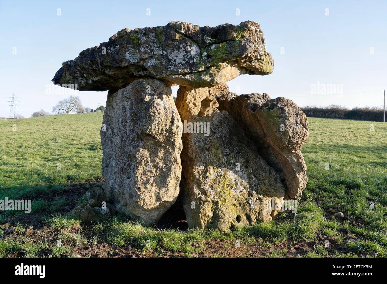 Long Cairn, cámara funeraria neolítica en St Lythans cerca de Cardiff, Gales Foto de stock