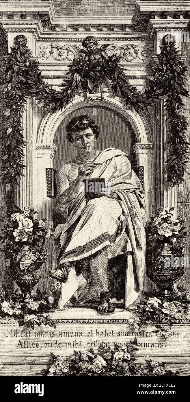 Publius Ovidius Naso. Ovid (Sulmona 43 BC-Tomi 17) Poeta romana, Imperio romano Antiguo. Italia, Europa. Antiguo siglo XIX grabado ilustración, el Mundo ilustrado 1881 Foto de stock