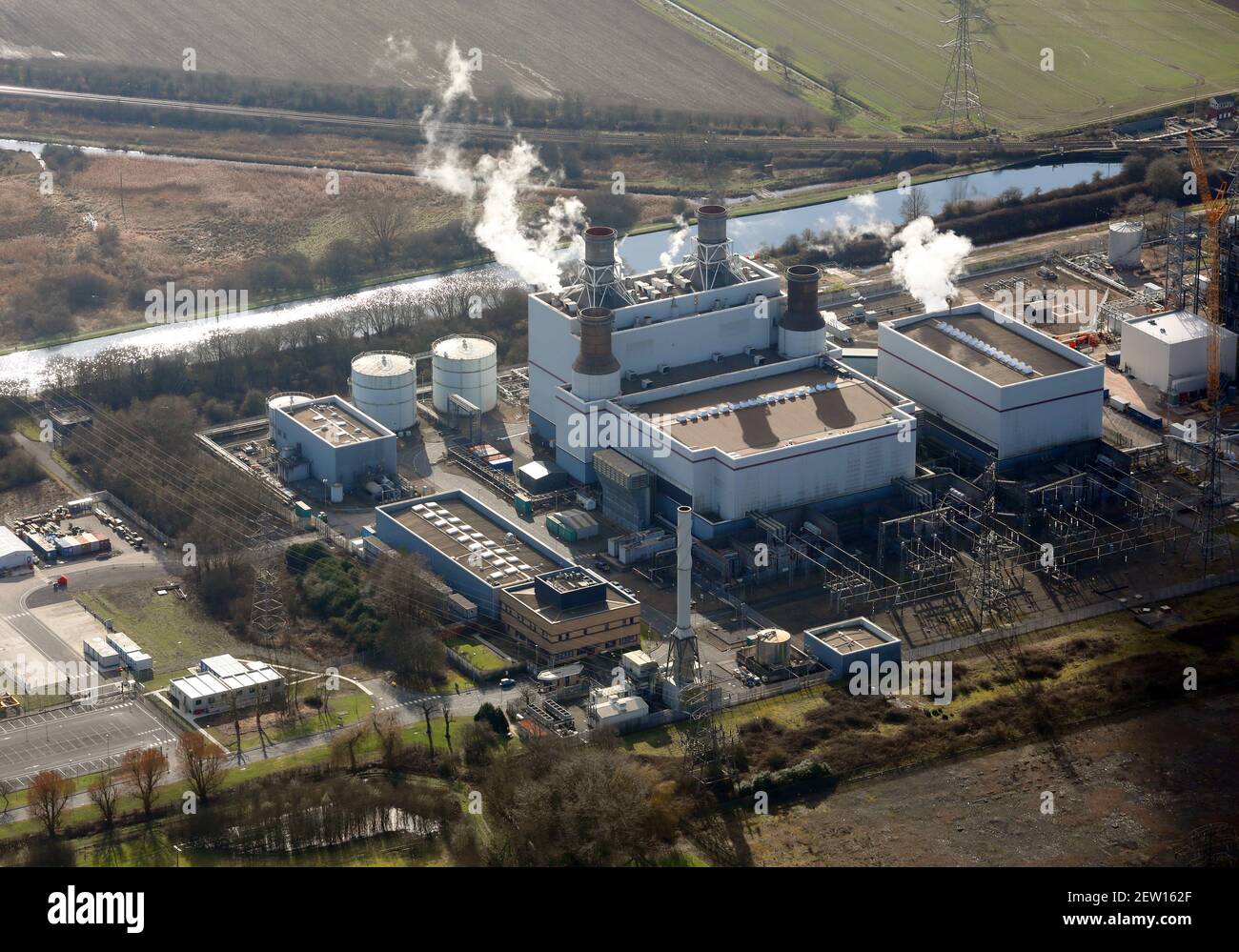 Vista aérea de la central eléctrica de Keadby (una central eléctrica a gas) Cerca de Scunthorpe Foto de stock