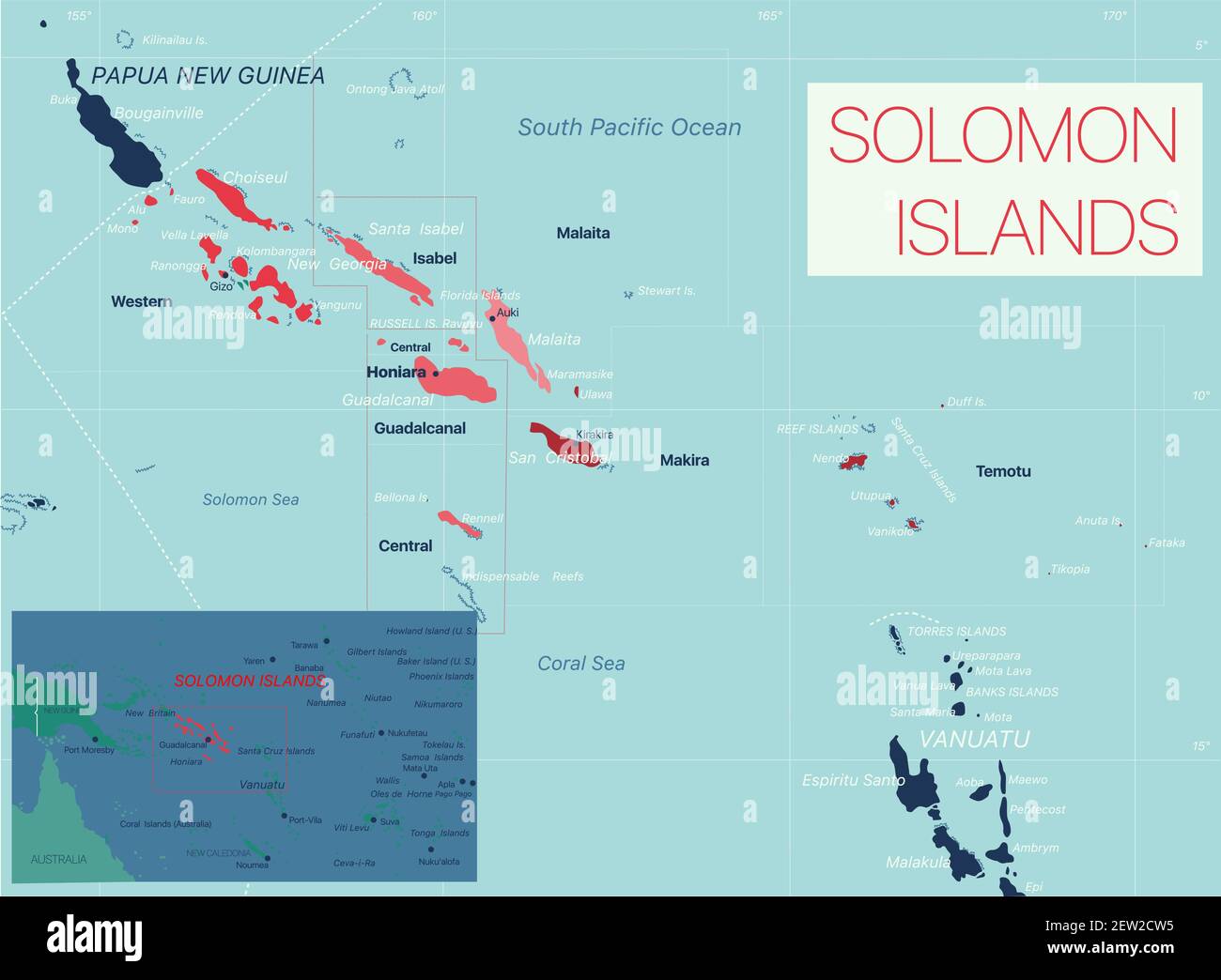 Islas Salomón Mapa detallado editable con ciudades y pueblos, sitios  geográficos. Archivo vectorial EPS-10 Imagen Vector de stock - Alamy