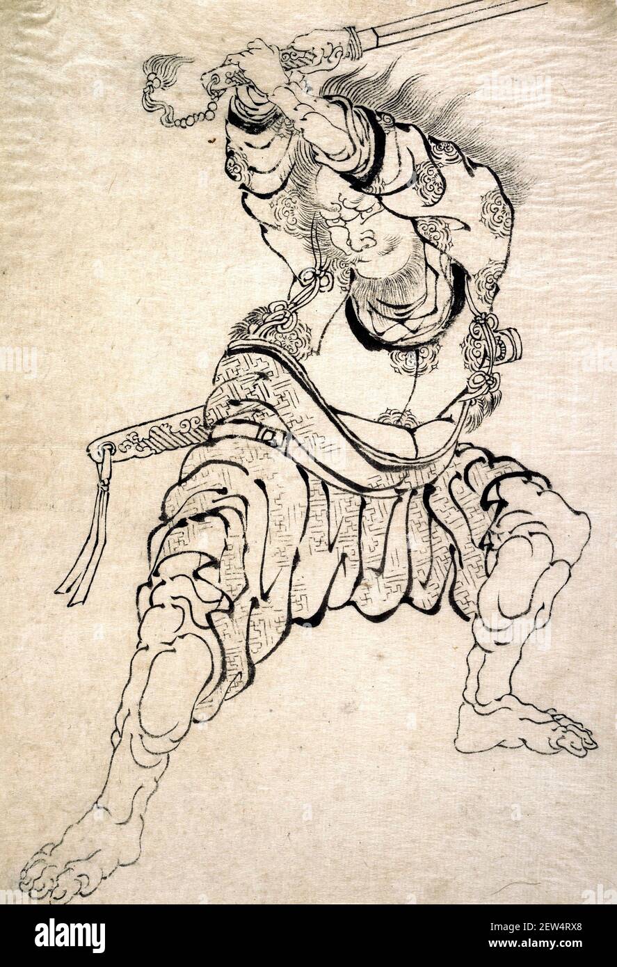 Hokusai. Un guerrero del artista y grabador japonés, Katsushika Hokusai (葛飾 北斎, c. 1760-1849), impresión de bloque de madera monocromo, tinta sobre papel Foto de stock