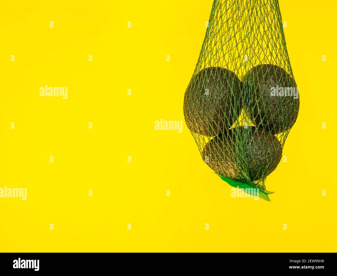 Aguacates en una red verde aislada y suspendida en el aire con un fondo amarillo en el estudio Foto de stock
