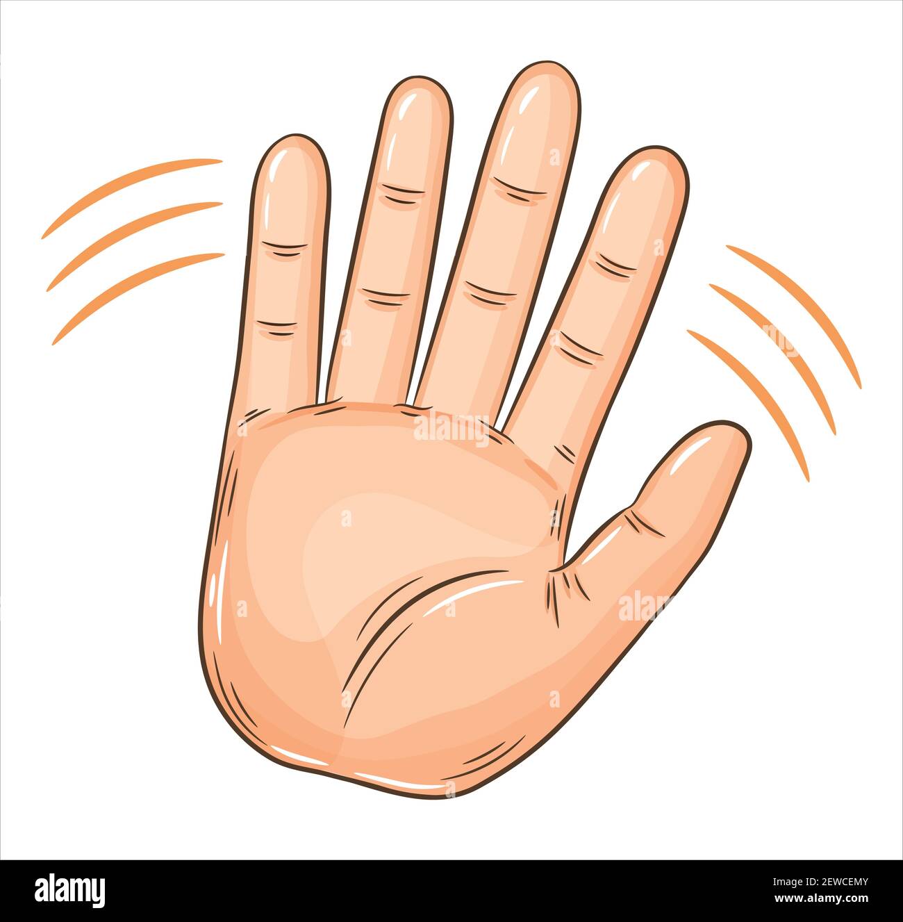 Gesto de saludo de mano de onda. Hola o invitación gestuing bienvenida.  Movimiento de la palma humana. Hola, Adiós, dar cinco o señal de saludo.  Vector de dibujos animados Imagen Vector de