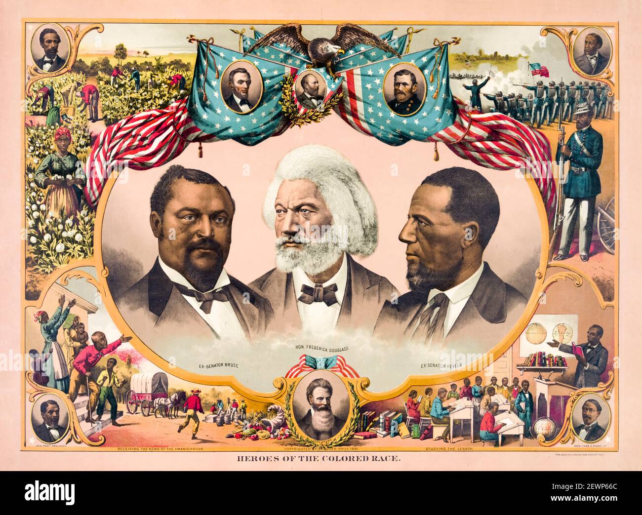 Héroes de la raza coloreada: Conmemora el avance del movimiento afroamericano por los derechos civiles del siglo 19th, póster de Joseph Hoover, 1881 Foto de stock