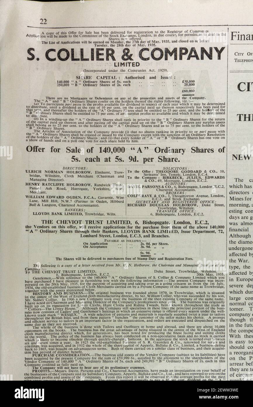 Listado de acciones ordinarias de S Collier & Company en el periódico Times, Londres, Reino Unido, viernes 24th de mayo de 1935. Foto de stock
