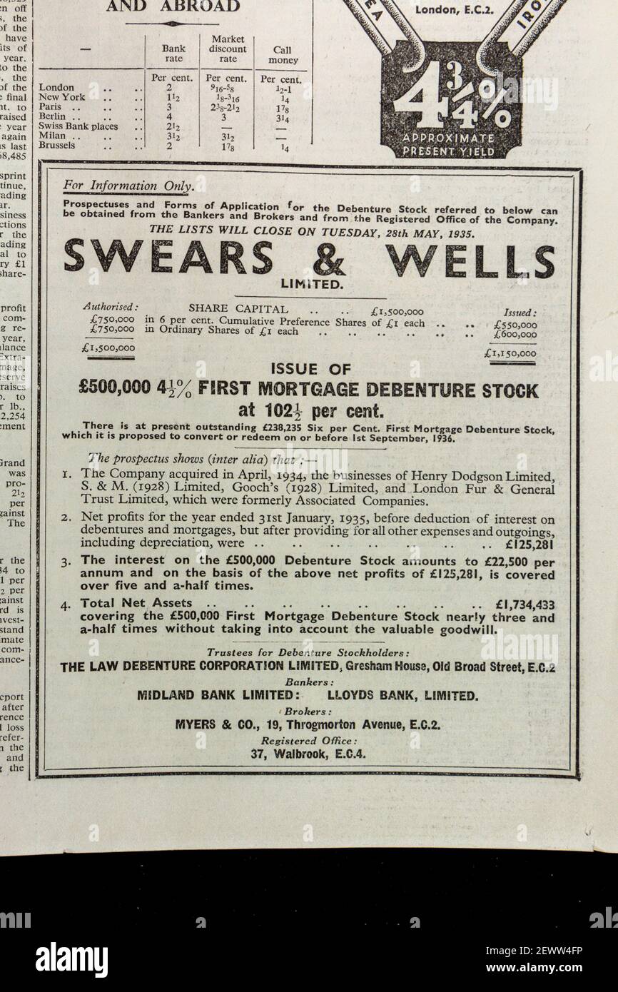 Anuncio de la oportunidad de compra de acciones en swears & Wells acciones en el periódico Times, Londres, Reino Unido, viernes 24th de mayo de 1935. Foto de stock